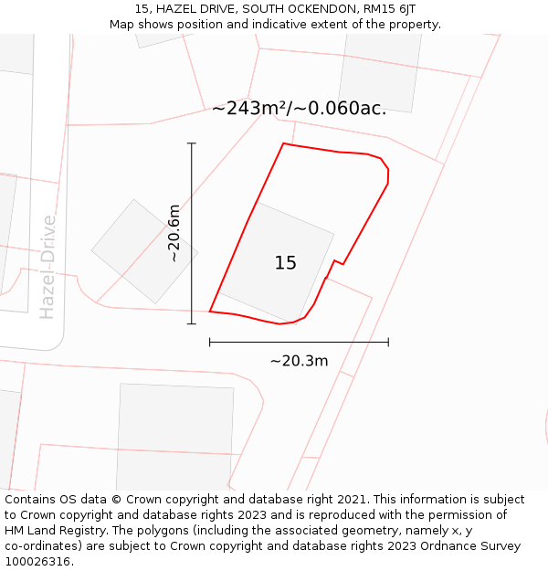 15, HAZEL DRIVE, SOUTH OCKENDON, RM15 6JT: Plot and title map