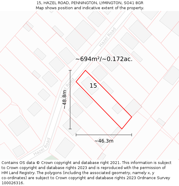 15, HAZEL ROAD, PENNINGTON, LYMINGTON, SO41 8GR: Plot and title map