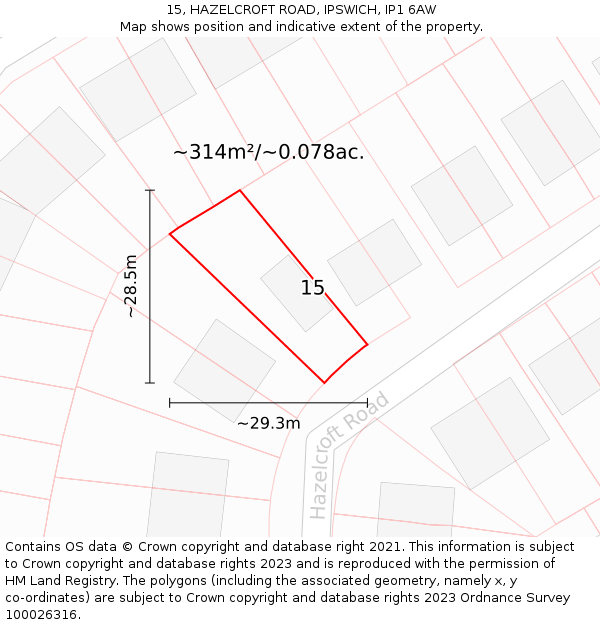 15, HAZELCROFT ROAD, IPSWICH, IP1 6AW: Plot and title map