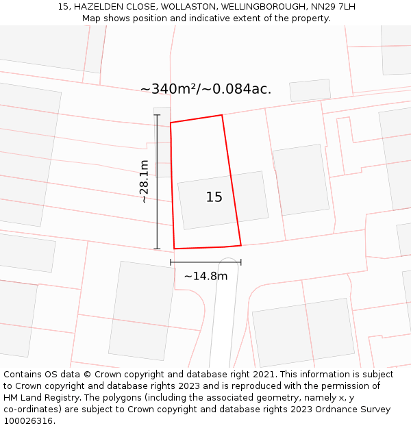 15, HAZELDEN CLOSE, WOLLASTON, WELLINGBOROUGH, NN29 7LH: Plot and title map