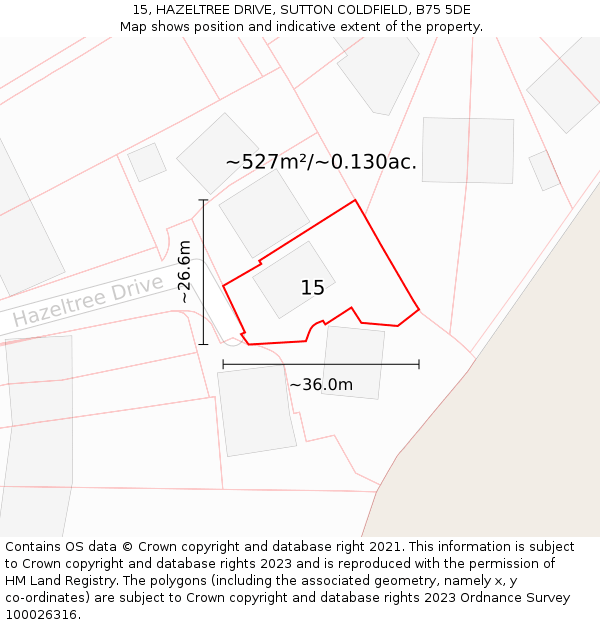 15, HAZELTREE DRIVE, SUTTON COLDFIELD, B75 5DE: Plot and title map