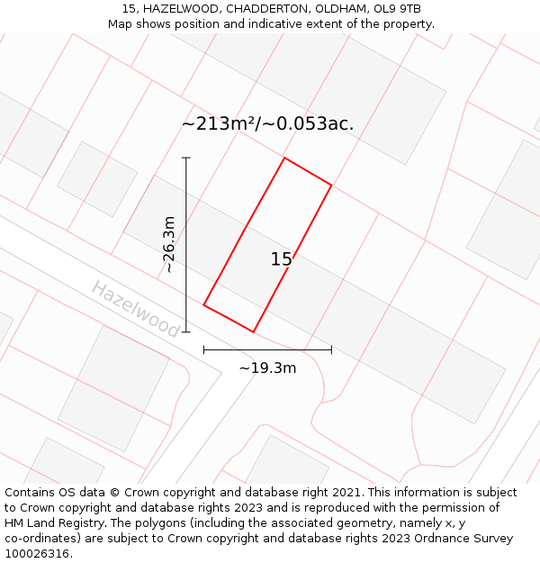 15, HAZELWOOD, CHADDERTON, OLDHAM, OL9 9TB: Plot and title map