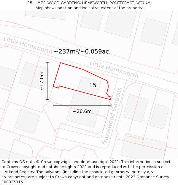 15, HAZELWOOD GARDENS, HEMSWORTH, PONTEFRACT, WF9 4AJ: Plot and title map