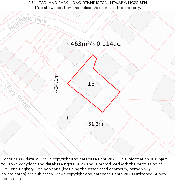 15, HEADLAND PARK, LONG BENNINGTON, NEWARK, NG23 5FN: Plot and title map