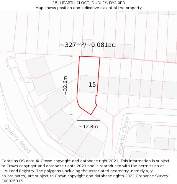 15, HEARTH CLOSE, DUDLEY, DY2 0ER: Plot and title map