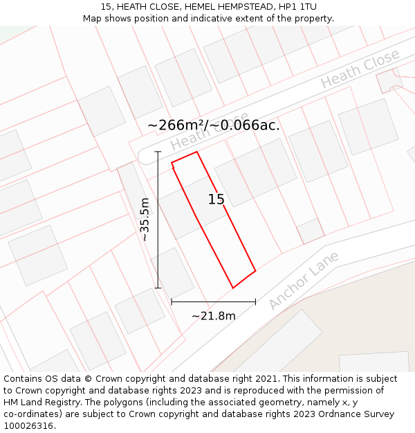 15, HEATH CLOSE, HEMEL HEMPSTEAD, HP1 1TU: Plot and title map