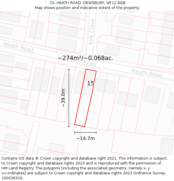 15, HEATH ROAD, DEWSBURY, WF12 8QB: Plot and title map