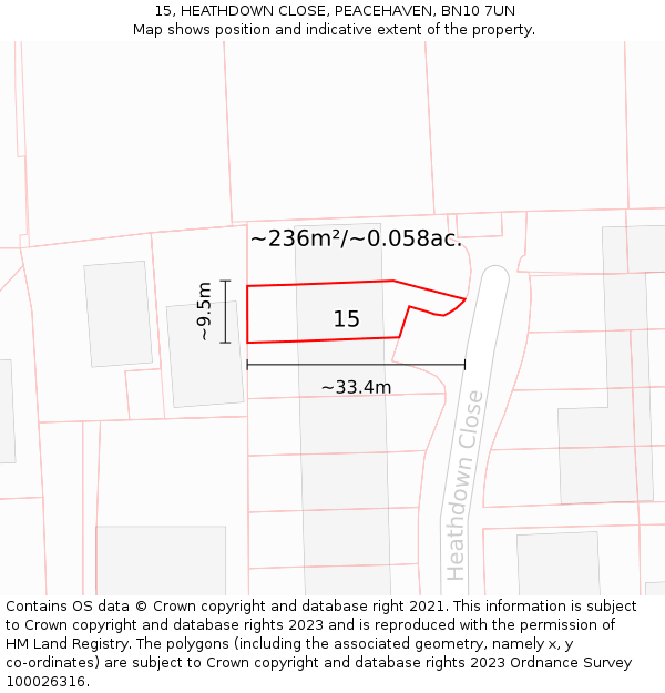 15, HEATHDOWN CLOSE, PEACEHAVEN, BN10 7UN: Plot and title map