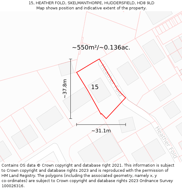 15, HEATHER FOLD, SKELMANTHORPE, HUDDERSFIELD, HD8 9LD: Plot and title map