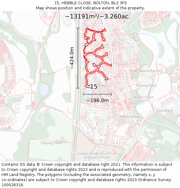 15, HEBBLE CLOSE, BOLTON, BL2 3FS: Plot and title map