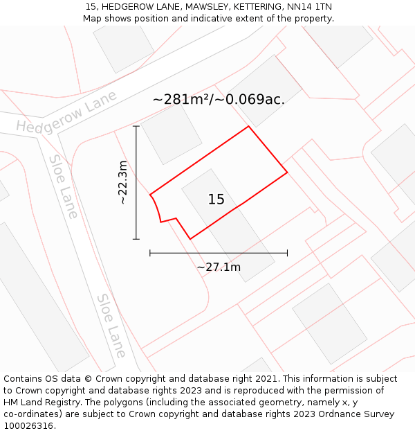 15, HEDGEROW LANE, MAWSLEY, KETTERING, NN14 1TN: Plot and title map