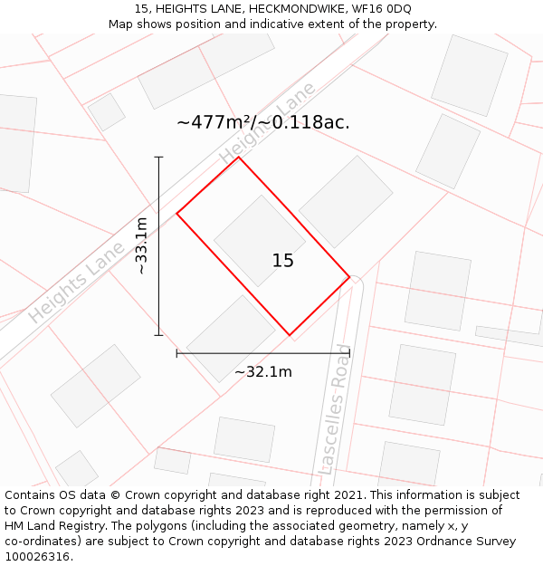 15, HEIGHTS LANE, HECKMONDWIKE, WF16 0DQ: Plot and title map