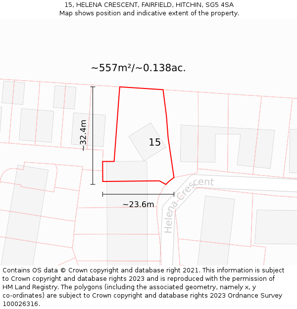 15, HELENA CRESCENT, FAIRFIELD, HITCHIN, SG5 4SA: Plot and title map