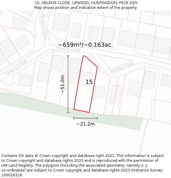 15, HELENS CLOSE, UPWOOD, HUNTINGDON, PE26 2QN: Plot and title map