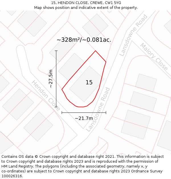 15, HENDON CLOSE, CREWE, CW1 5YG: Plot and title map