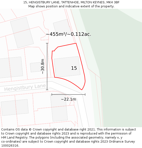 15, HENGISTBURY LANE, TATTENHOE, MILTON KEYNES, MK4 3BF: Plot and title map