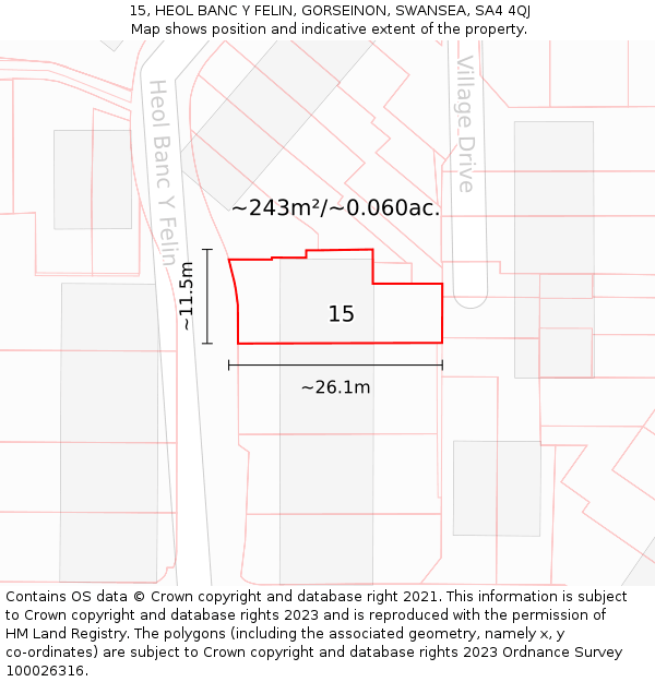 15, HEOL BANC Y FELIN, GORSEINON, SWANSEA, SA4 4QJ: Plot and title map