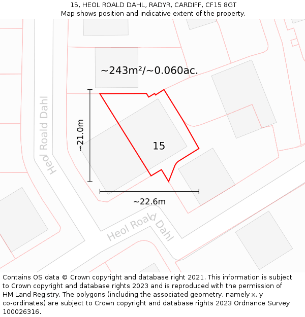 15, HEOL ROALD DAHL, RADYR, CARDIFF, CF15 8GT: Plot and title map