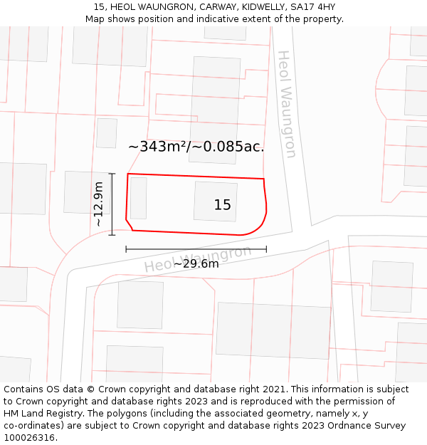 15, HEOL WAUNGRON, CARWAY, KIDWELLY, SA17 4HY: Plot and title map