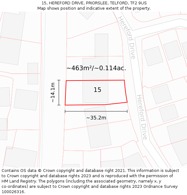 15, HEREFORD DRIVE, PRIORSLEE, TELFORD, TF2 9US: Plot and title map