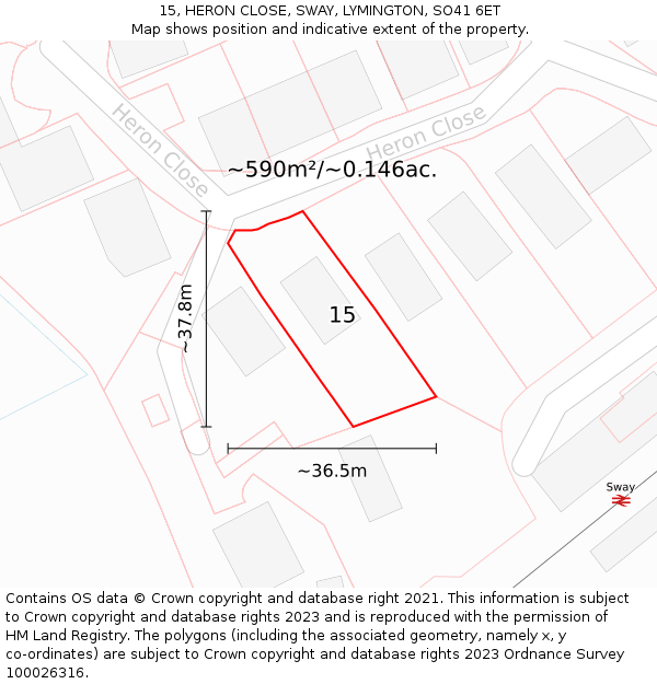 15, HERON CLOSE, SWAY, LYMINGTON, SO41 6ET: Plot and title map