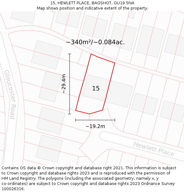 15, HEWLETT PLACE, BAGSHOT, GU19 5NA: Plot and title map