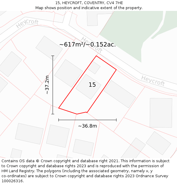 15, HEYCROFT, COVENTRY, CV4 7HE: Plot and title map