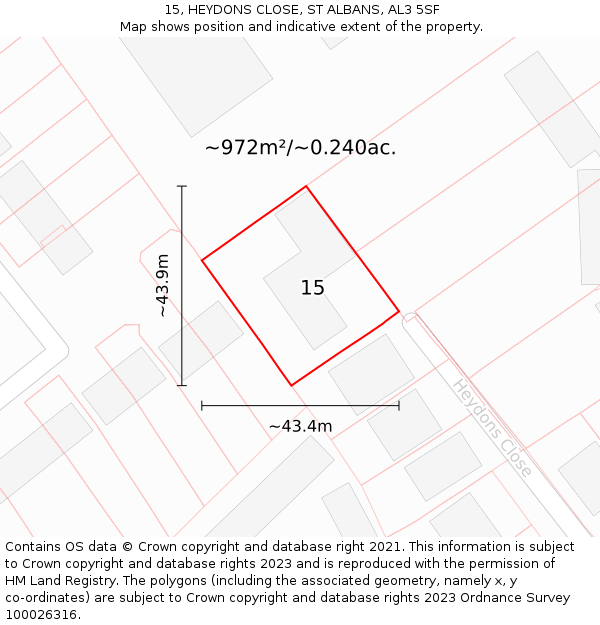 15, HEYDONS CLOSE, ST ALBANS, AL3 5SF: Plot and title map