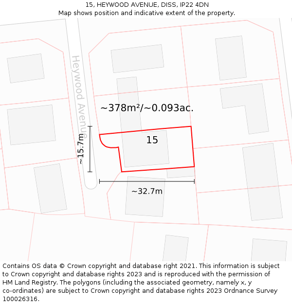 15, HEYWOOD AVENUE, DISS, IP22 4DN: Plot and title map