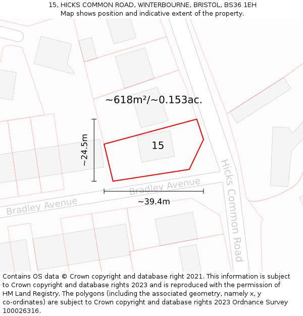 15, HICKS COMMON ROAD, WINTERBOURNE, BRISTOL, BS36 1EH: Plot and title map