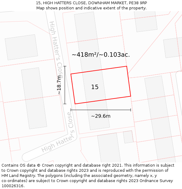 15, HIGH HATTERS CLOSE, DOWNHAM MARKET, PE38 9RP: Plot and title map