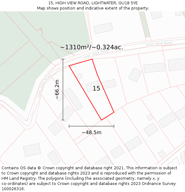 15, HIGH VIEW ROAD, LIGHTWATER, GU18 5YE: Plot and title map