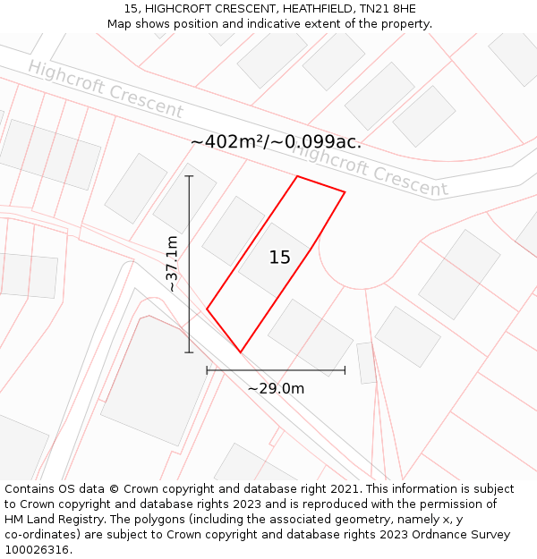 15, HIGHCROFT CRESCENT, HEATHFIELD, TN21 8HE: Plot and title map