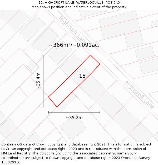 15, HIGHCROFT LANE, WATERLOOVILLE, PO8 9NX: Plot and title map