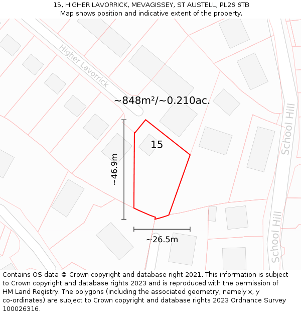 15, HIGHER LAVORRICK, MEVAGISSEY, ST AUSTELL, PL26 6TB: Plot and title map