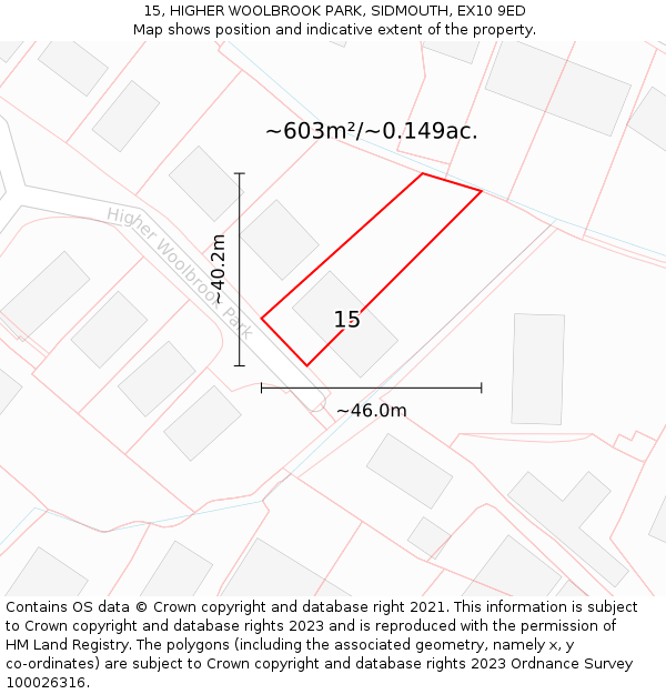 15, HIGHER WOOLBROOK PARK, SIDMOUTH, EX10 9ED: Plot and title map