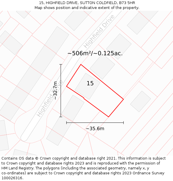 15, HIGHFIELD DRIVE, SUTTON COLDFIELD, B73 5HR: Plot and title map