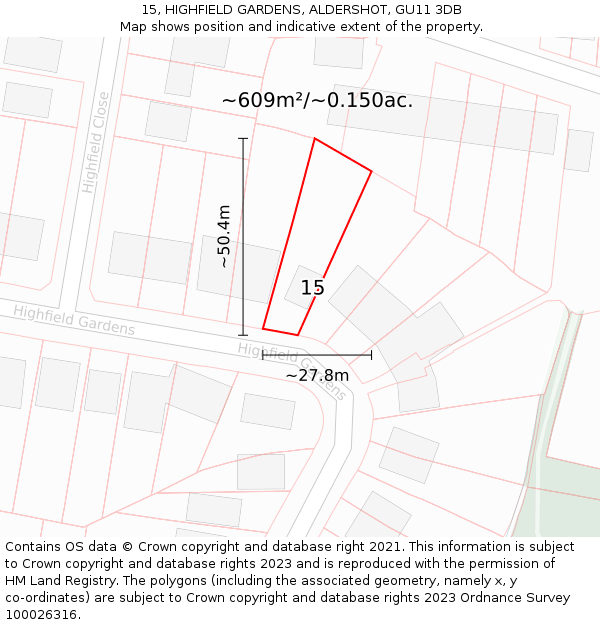 15, HIGHFIELD GARDENS, ALDERSHOT, GU11 3DB: Plot and title map