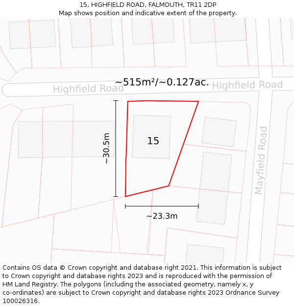 15, HIGHFIELD ROAD, FALMOUTH, TR11 2DP: Plot and title map