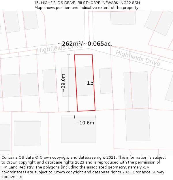 15, HIGHFIELDS DRIVE, BILSTHORPE, NEWARK, NG22 8SN: Plot and title map