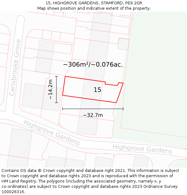 15, HIGHGROVE GARDENS, STAMFORD, PE9 2GR: Plot and title map