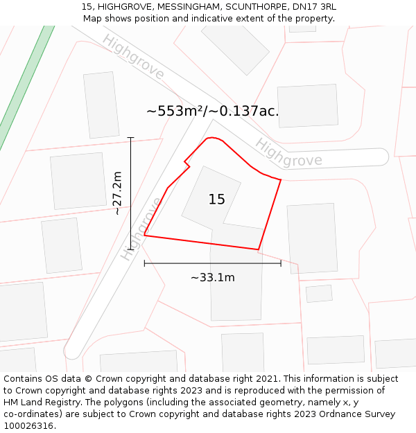 15, HIGHGROVE, MESSINGHAM, SCUNTHORPE, DN17 3RL: Plot and title map