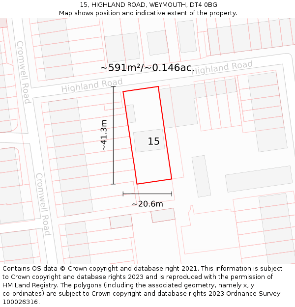 15, HIGHLAND ROAD, WEYMOUTH, DT4 0BG: Plot and title map