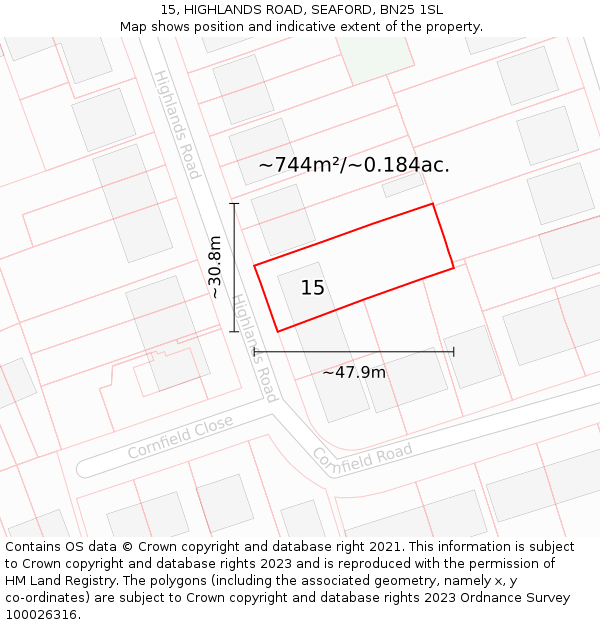 15, HIGHLANDS ROAD, SEAFORD, BN25 1SL: Plot and title map