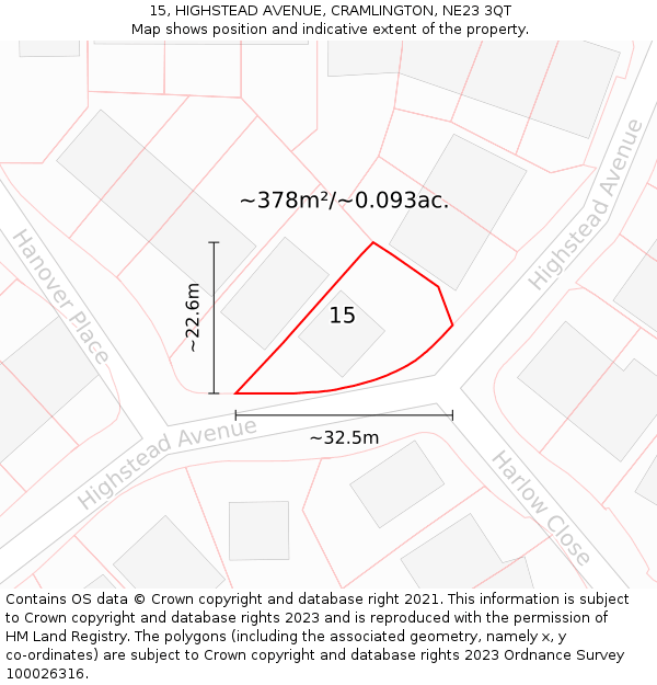 15, HIGHSTEAD AVENUE, CRAMLINGTON, NE23 3QT: Plot and title map