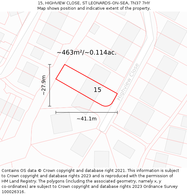 15, HIGHVIEW CLOSE, ST LEONARDS-ON-SEA, TN37 7HY: Plot and title map