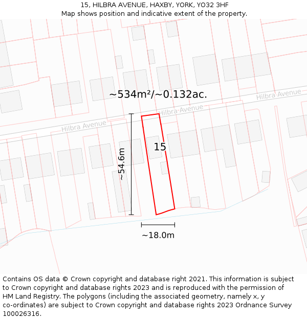 15, HILBRA AVENUE, HAXBY, YORK, YO32 3HF: Plot and title map