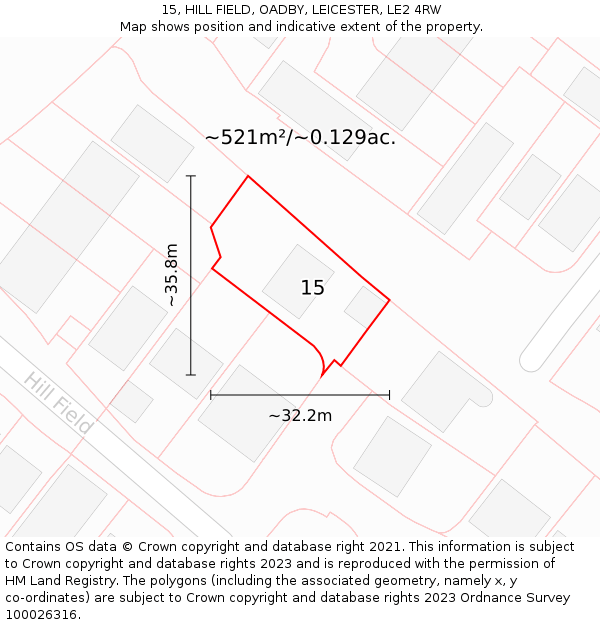 15, HILL FIELD, OADBY, LEICESTER, LE2 4RW: Plot and title map