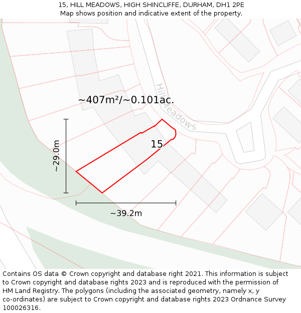 15, HILL MEADOWS, HIGH SHINCLIFFE, DURHAM, DH1 2PE: Plot and title map