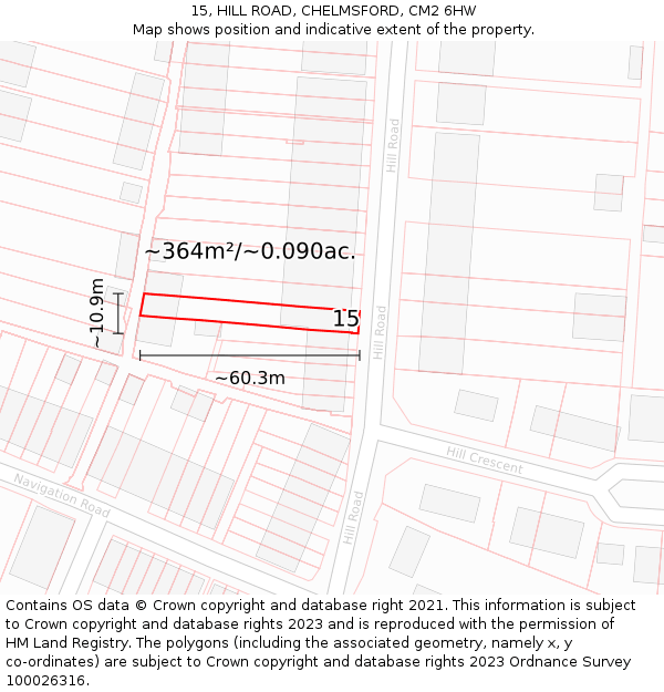 15, HILL ROAD, CHELMSFORD, CM2 6HW: Plot and title map